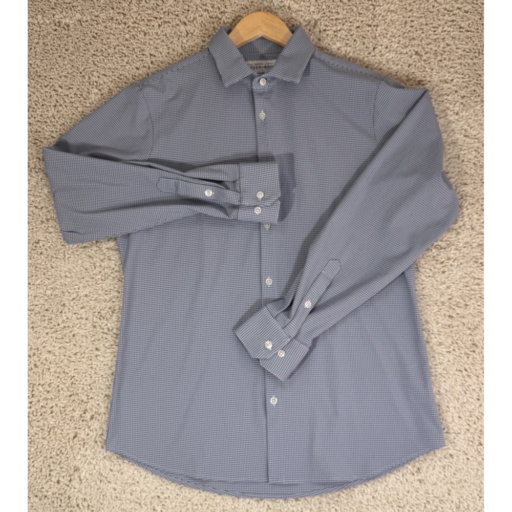 Mizzen+Main Leeward Dress Shirt Mens Large Blue Trim Fit Performance Micro-Check